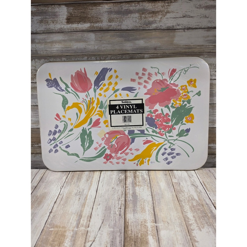 Vintage 1993 Town & Country Floral Vinyl Placemats Set of 4‎ White Pink Yellow